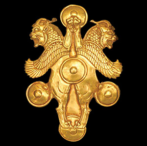 این پلاک که احتمالا بر سینه یا سپرهای سربازان هخامنشی نصب می‌شده، جنسی از طلا دارد و امروز در موزه متروپولیتن قرار دارد.